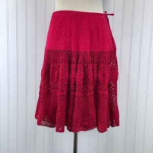 Kenar Crochet Lace Skirt Womens 6 Red Boho Cottagecore Summer Romantic Skirt